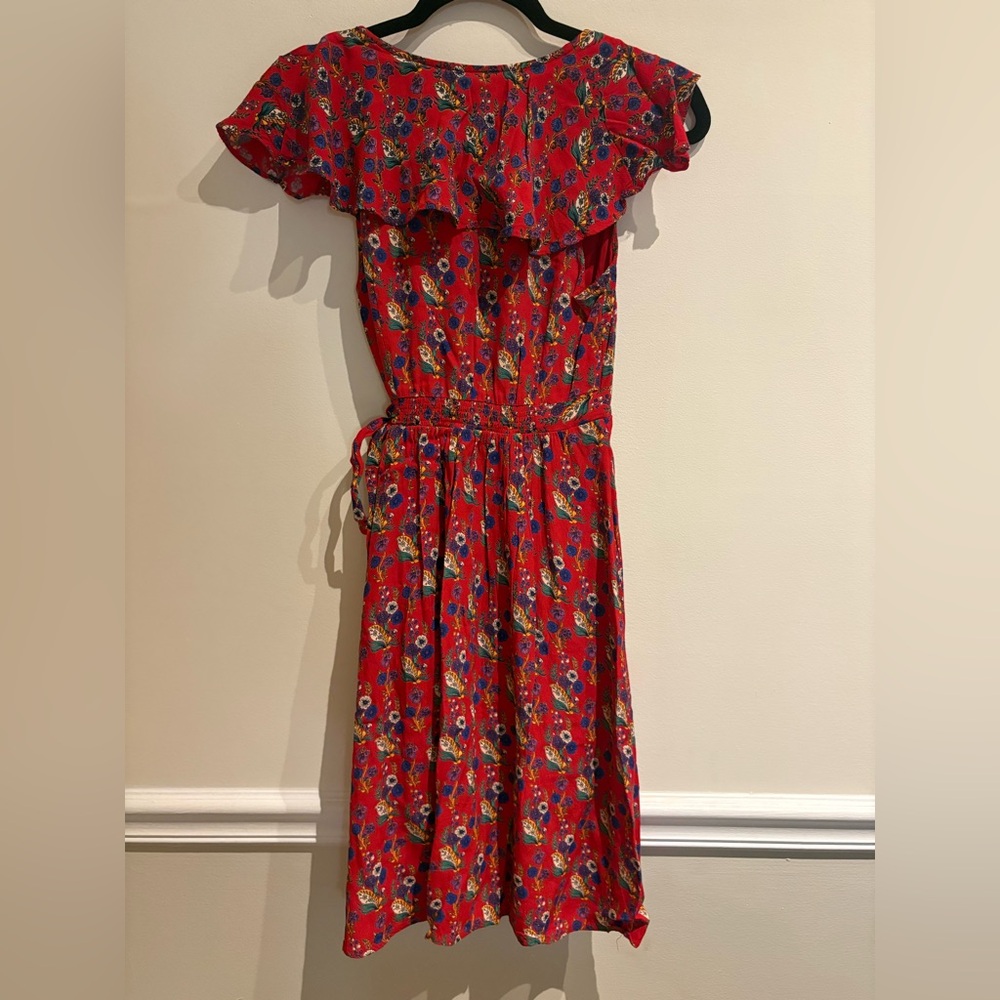 Anthropologie Maeve Rosalia Red Floral Faux Wrap Ruffle Dress - Size 0 - Picture 7 of 10